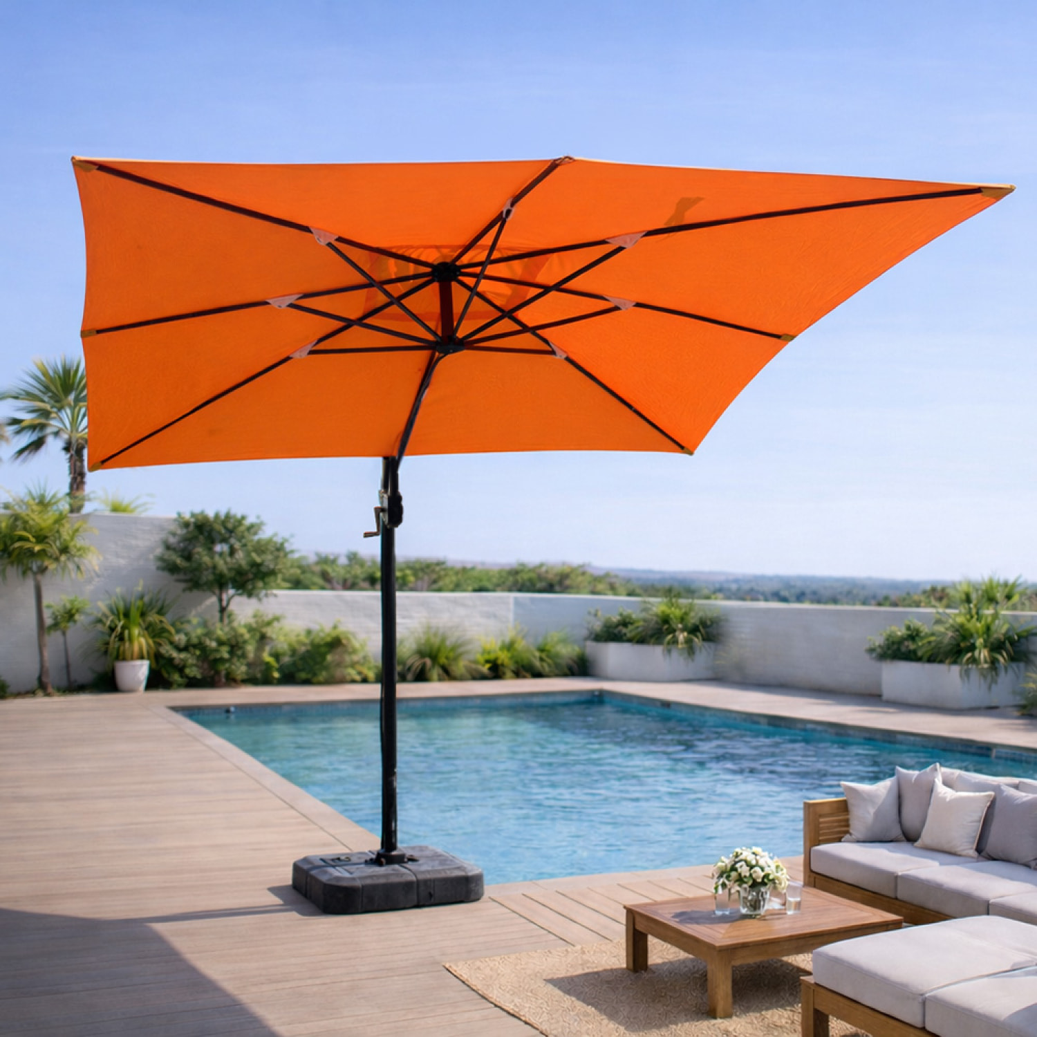 Parasol rectangulaire 3x4m déporté rotatif orange en aluminium NAVIA