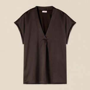 Oltre - T-shirt bimaterica scollo a V - Marrone