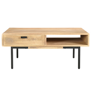 Table basse rectangulaire avec rangements 2 tiroirs en bois manguier massif et métal noir L100 cm JUDE