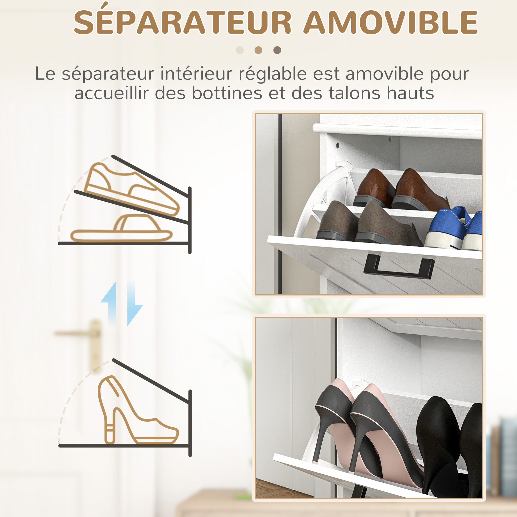 Meuble à chaussures 2 portes abattants 2 étagères poignées métal noir MDF blanc