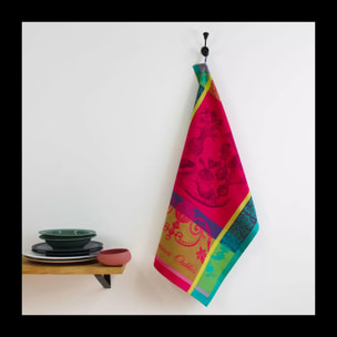 Torchon pur coton motif jacquard rose Legumes oublies fuchsia