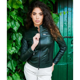 Giacca biker in pelle naturale verde effetto liscio