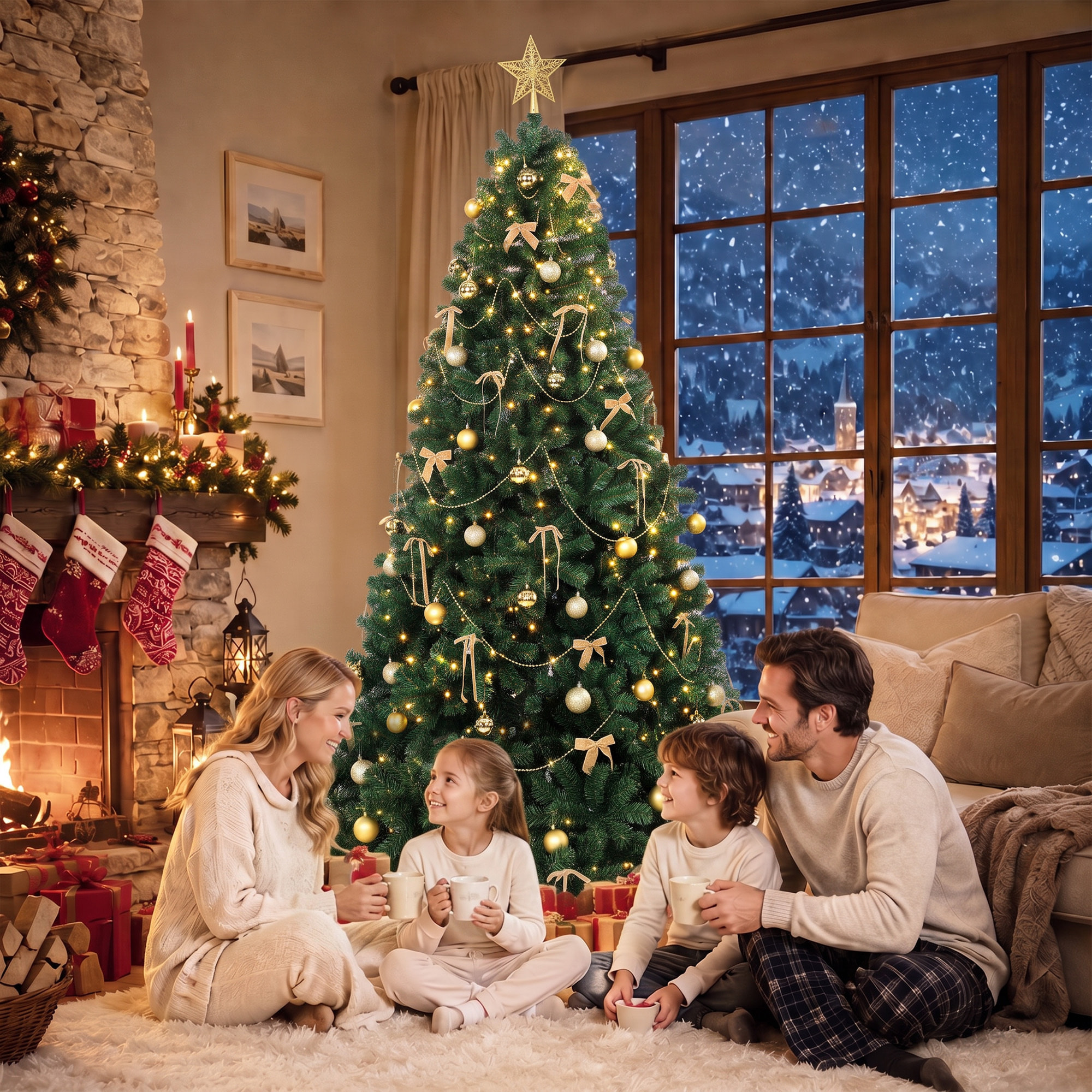 Árbol de Navidad con 240 LED Blanco Cálido, 180 cm, Árbol de Navidad Decorativo, 755 Ramas Ignífugas, Estrella, 30 Bolas, 18 Lazos y Decoración Dorada, Verde