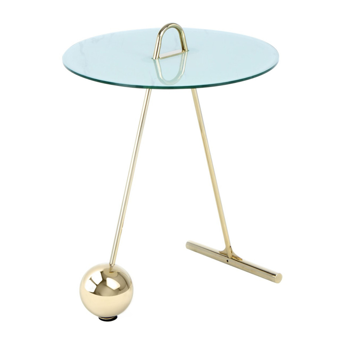 Tavolino Pendulum in Acciaio Oro e Vetro Marmo Bianco