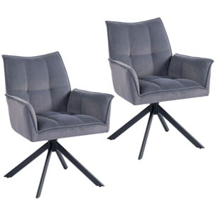 Juego de 2 Sillas de Comedor Giratorias 360°, Sillas de Cocina con Reposabrazos, Respaldo Acolchado, Tapizado en Terciopelo, Patas de Acero, para Oficina, Conferencia, Sala de Estar, Gris