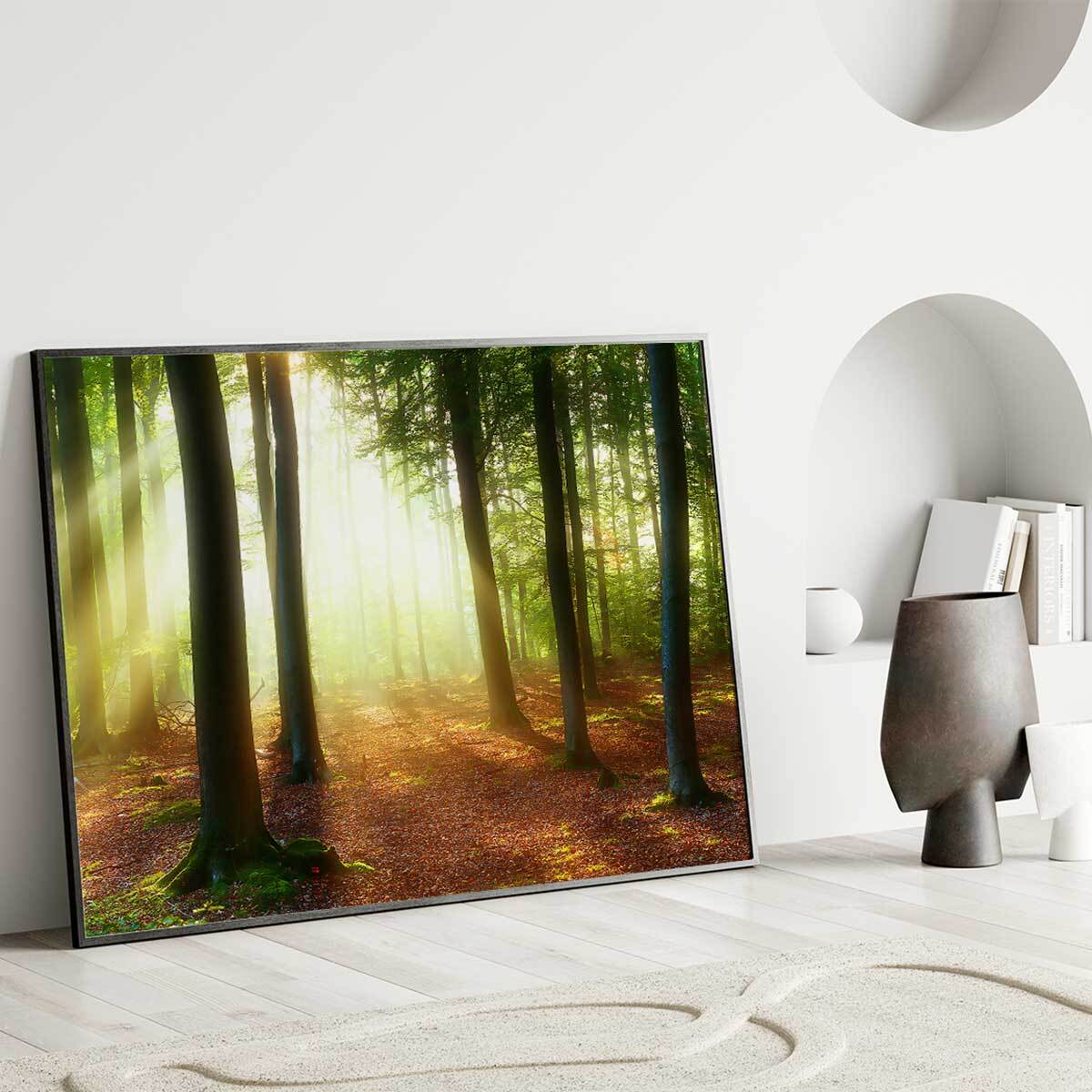 Affiche encadrée forêt lumineuse et rayons de soleil Affiche + cadre en métal - Noir