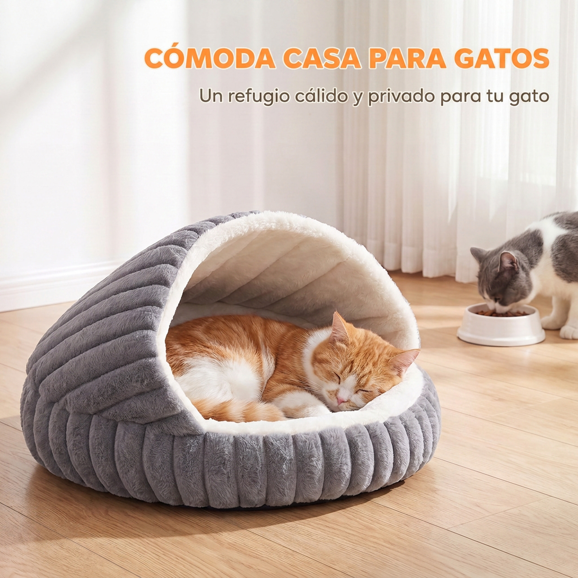 PawHut Cama para Gatos, Cueva para Gatitos Redonda con Base Antideslizante y Cojín Lavable, para Interior, 50x50x32 cm, Gris