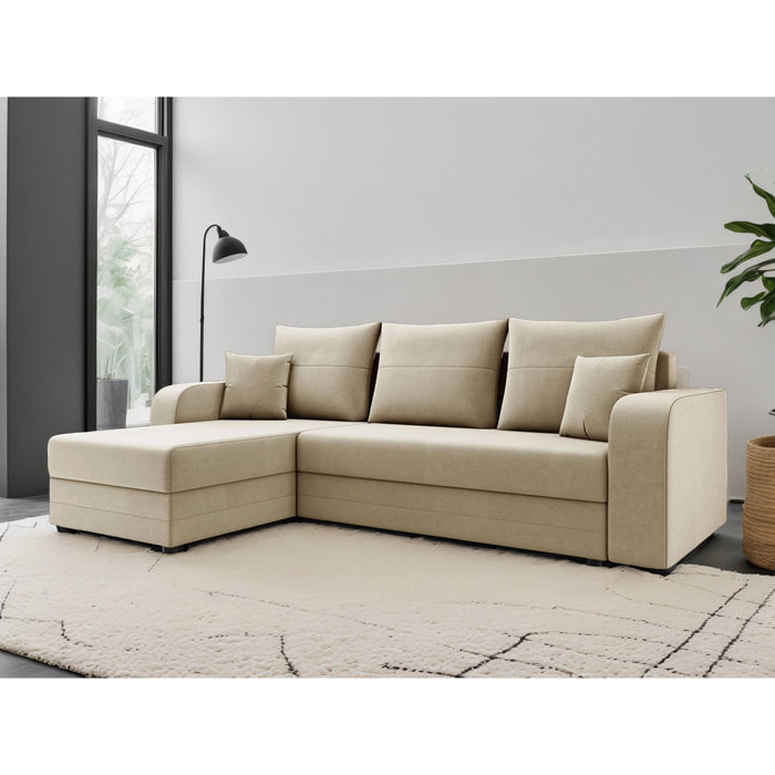 Harvey - Canapé d'angle réversible 4 places convertible avec coffre en velours - Beige