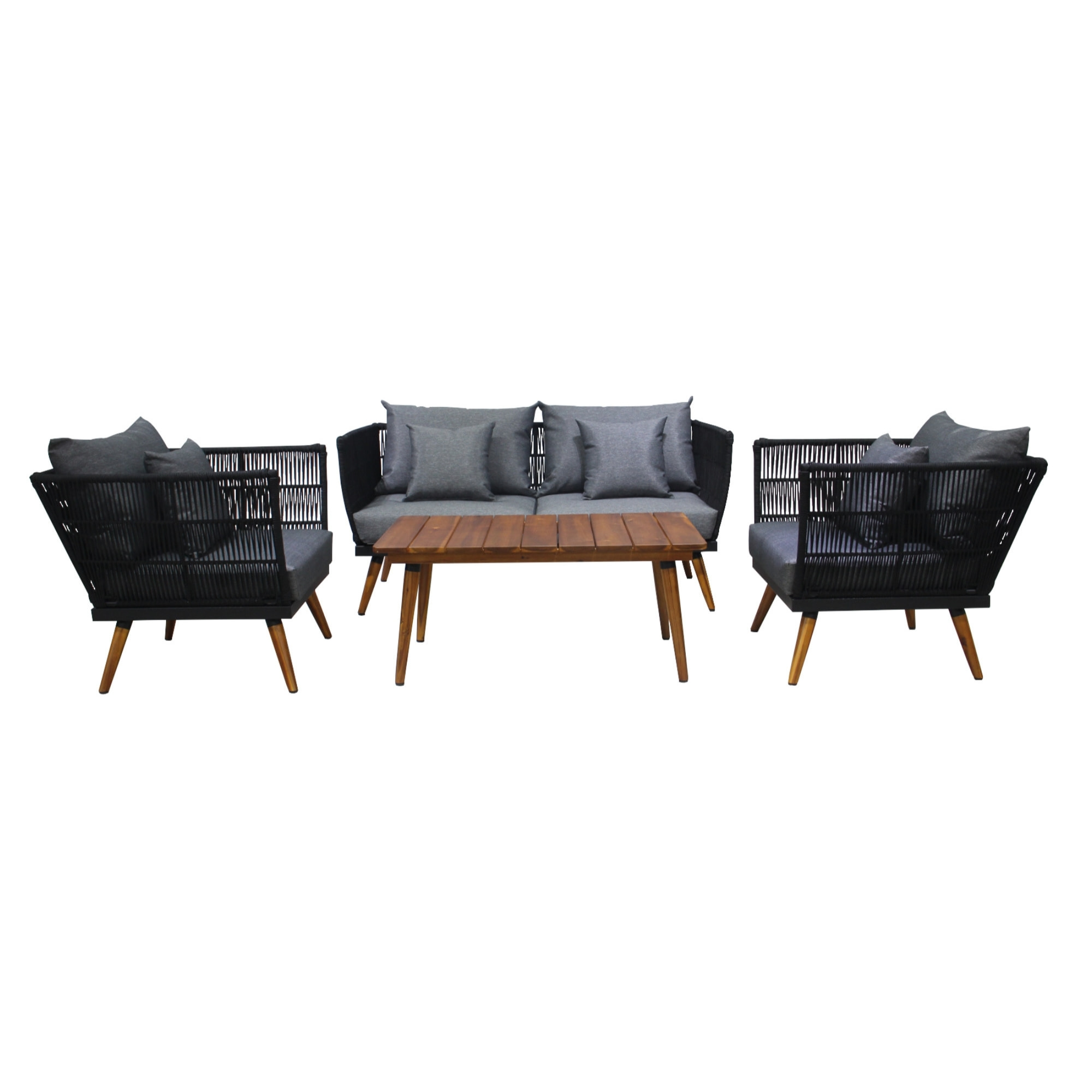 TIAGO - salon bas de jardin 4 places + table - corde et bois - noir et coussins gris - Noir / Gris / Bois