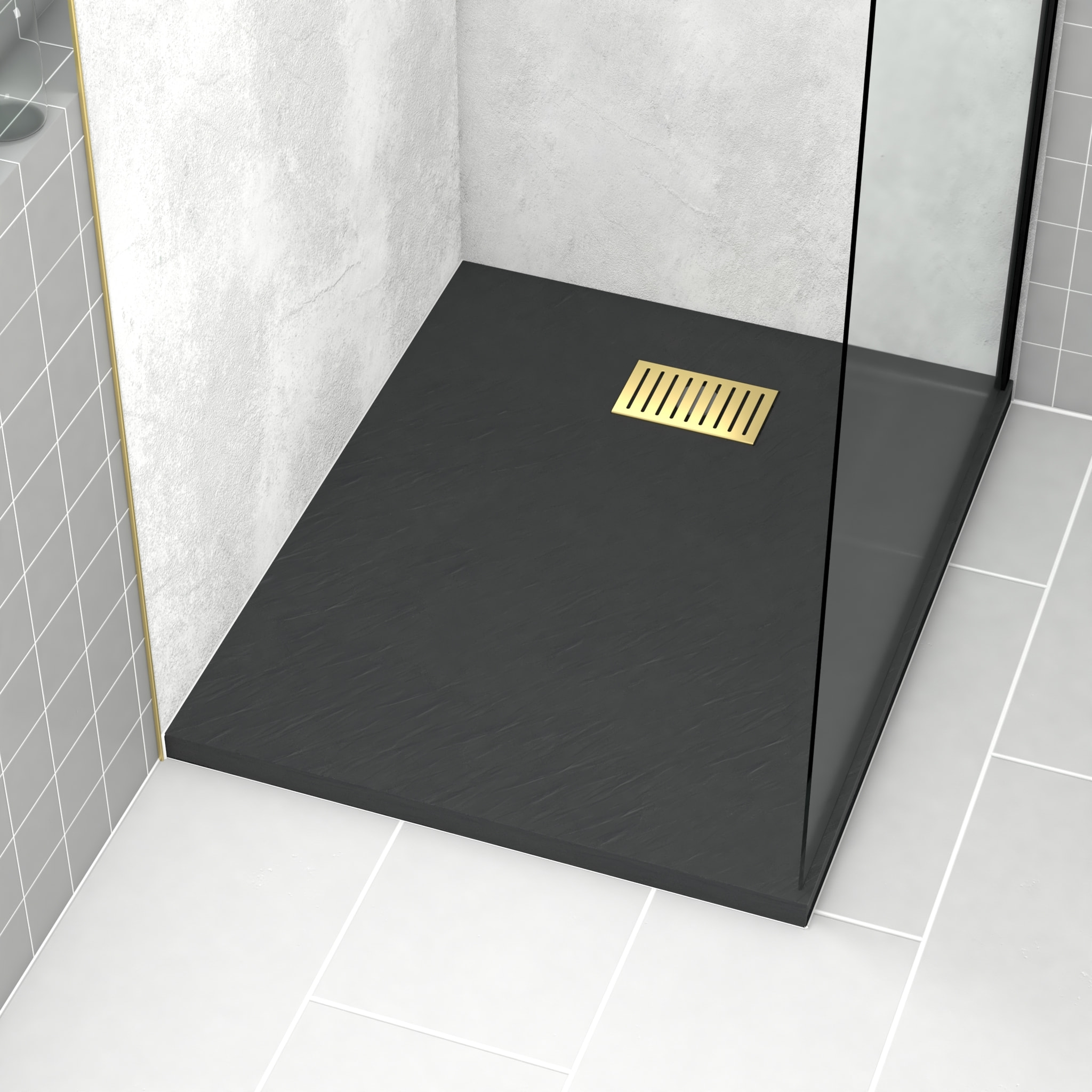 Receveur de douche Noir Effet Pierre 80x100 cm et Grille décor Linéaire Or Doré Brossé