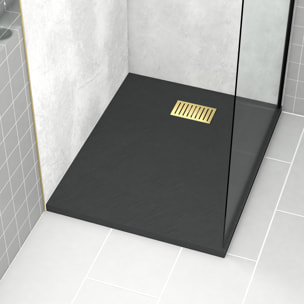 Receveur de douche Noir Effet Pierre 80x100 cm et Grille décor Linéaire Or Doré Brossé