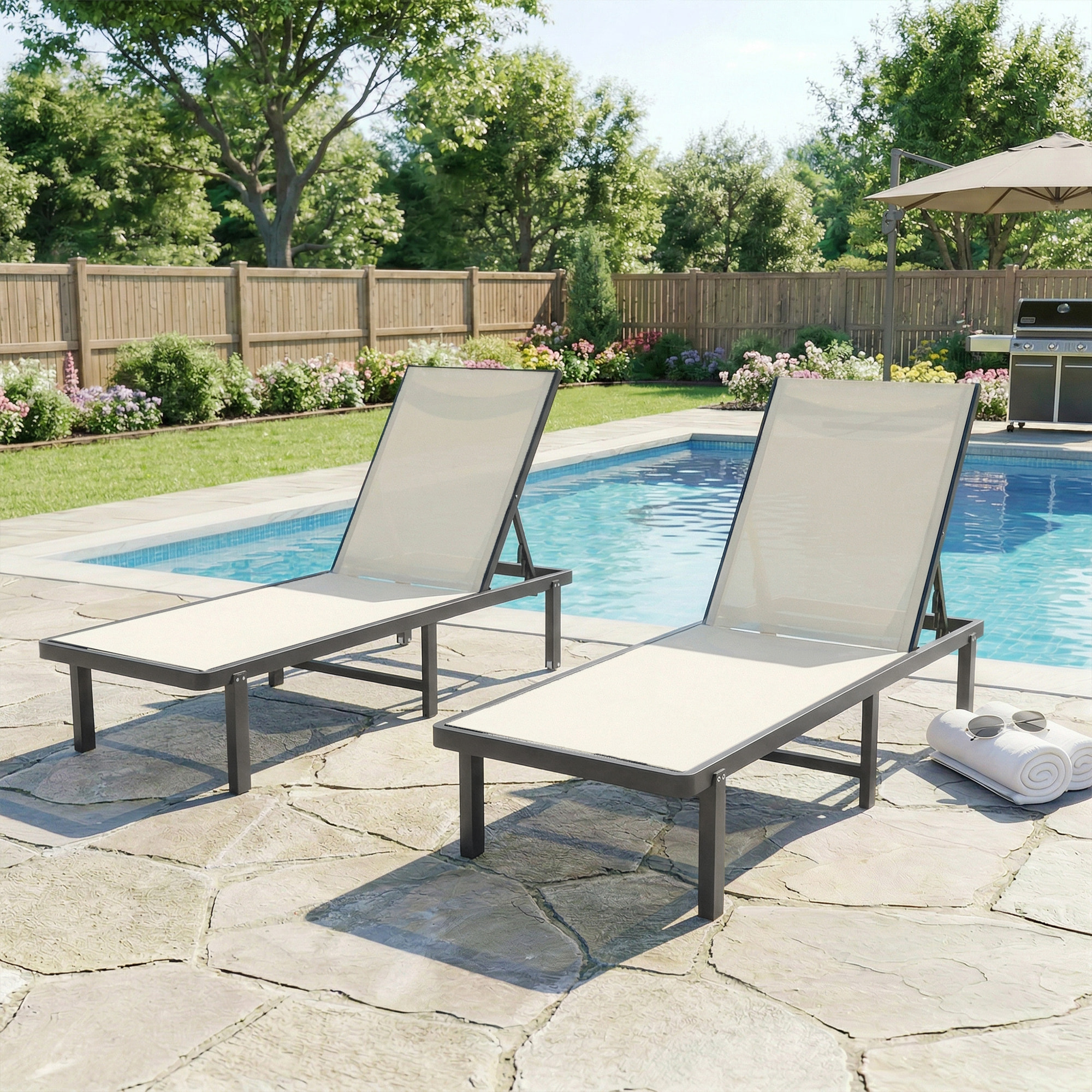 Pack de 2 Tumbonas de Jardín Exterior, Tumbonas Reclinables con Ruedas, Respaldo Ajustable de 4 Niveles, Estructura de Aluminio y Tela Textilene, Resistentes, para Playa, Piscina, Beige