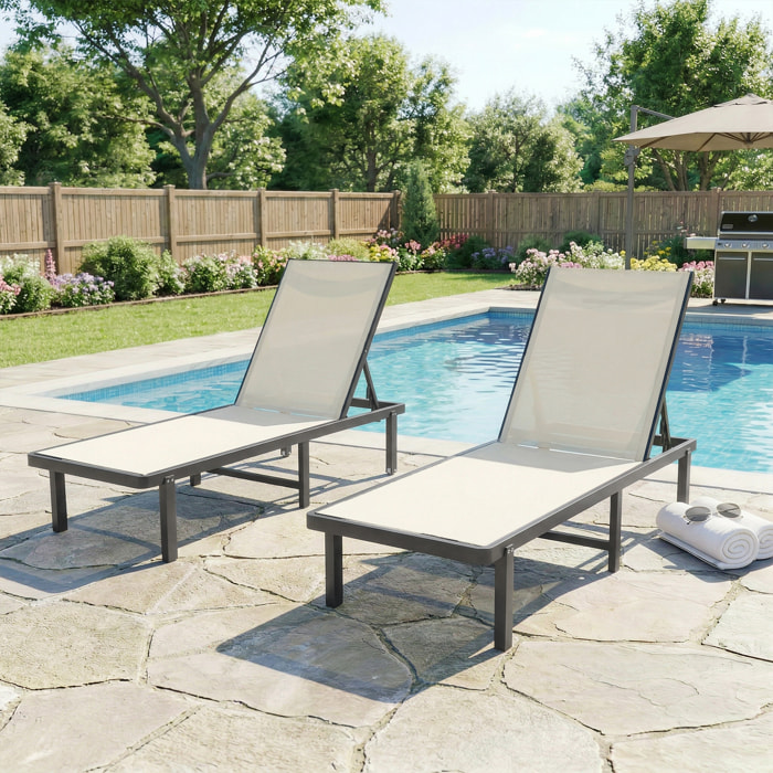Pack de 2 Tumbonas de Jardín Exterior, Tumbonas Reclinables con Ruedas, Respaldo Ajustable de 4 Niveles, Estructura de Aluminio y Tela Textilene, Resistentes, para Playa, Piscina, Beige