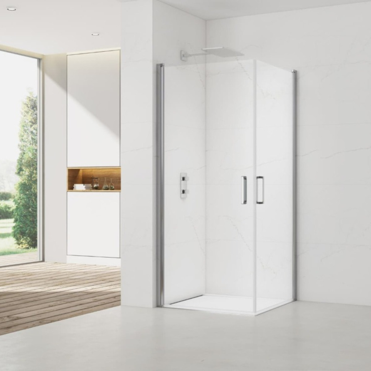 Fusion Portes de douche acces en angle pivotantes 90x80cm anticalcaire avec profilés chrome brillant (SATFUD9080-SET)