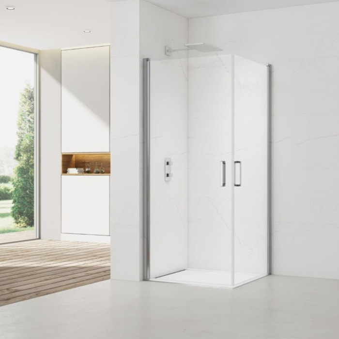 Fusion Portes de douche acces en angle pivotantes 90x80cm anticalcaire avec profilés chrome brillant (SATFUD9080-SET)