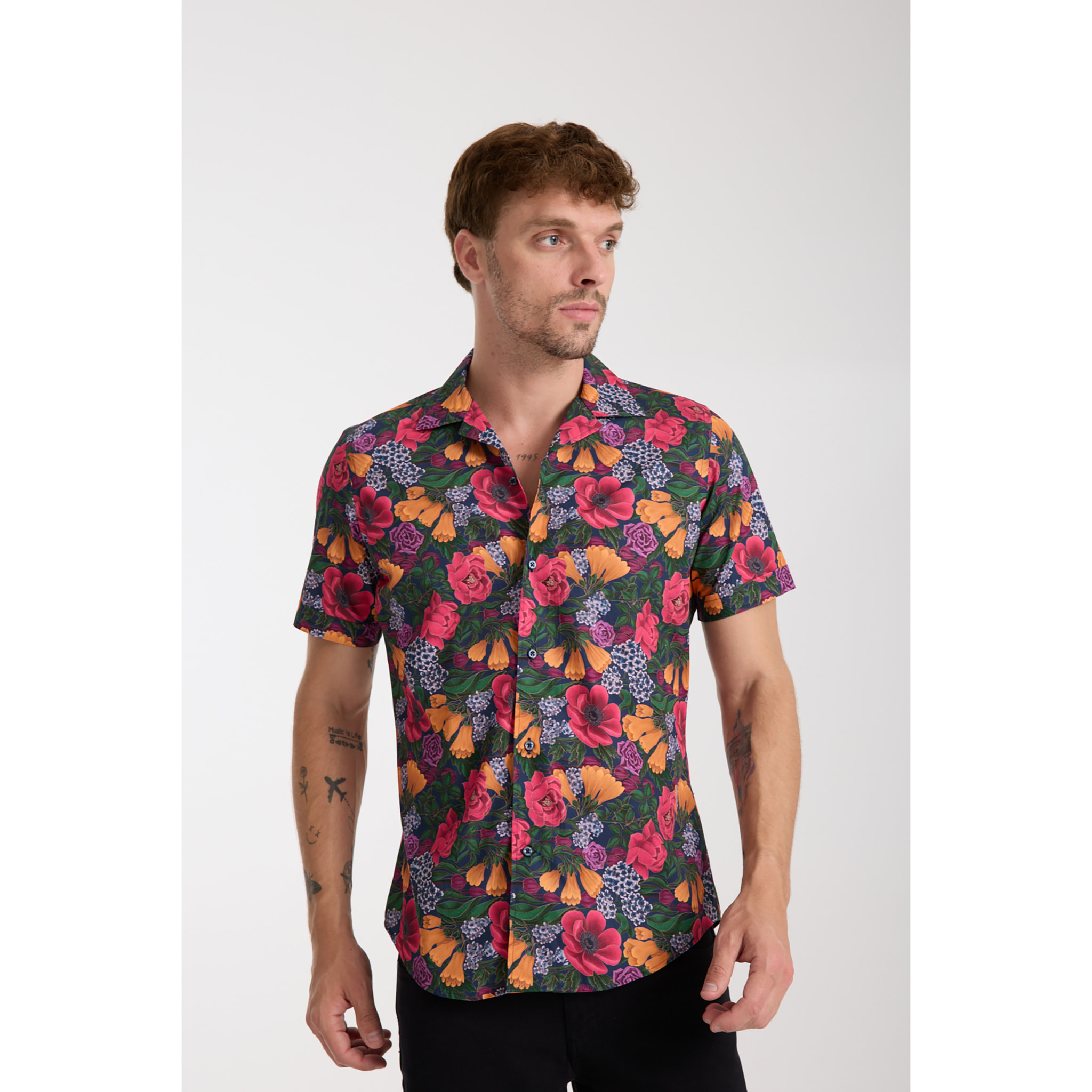 camicia uomo manica corta Popeline Stampato Blu/Arancio