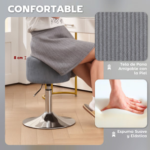 Taburete de Bar Taburete Alto de Cocina Regulable en Altura 52-66 cm Tapizado en Pana Giratorio en 360° para Comedor Tocador Mostrador Gris