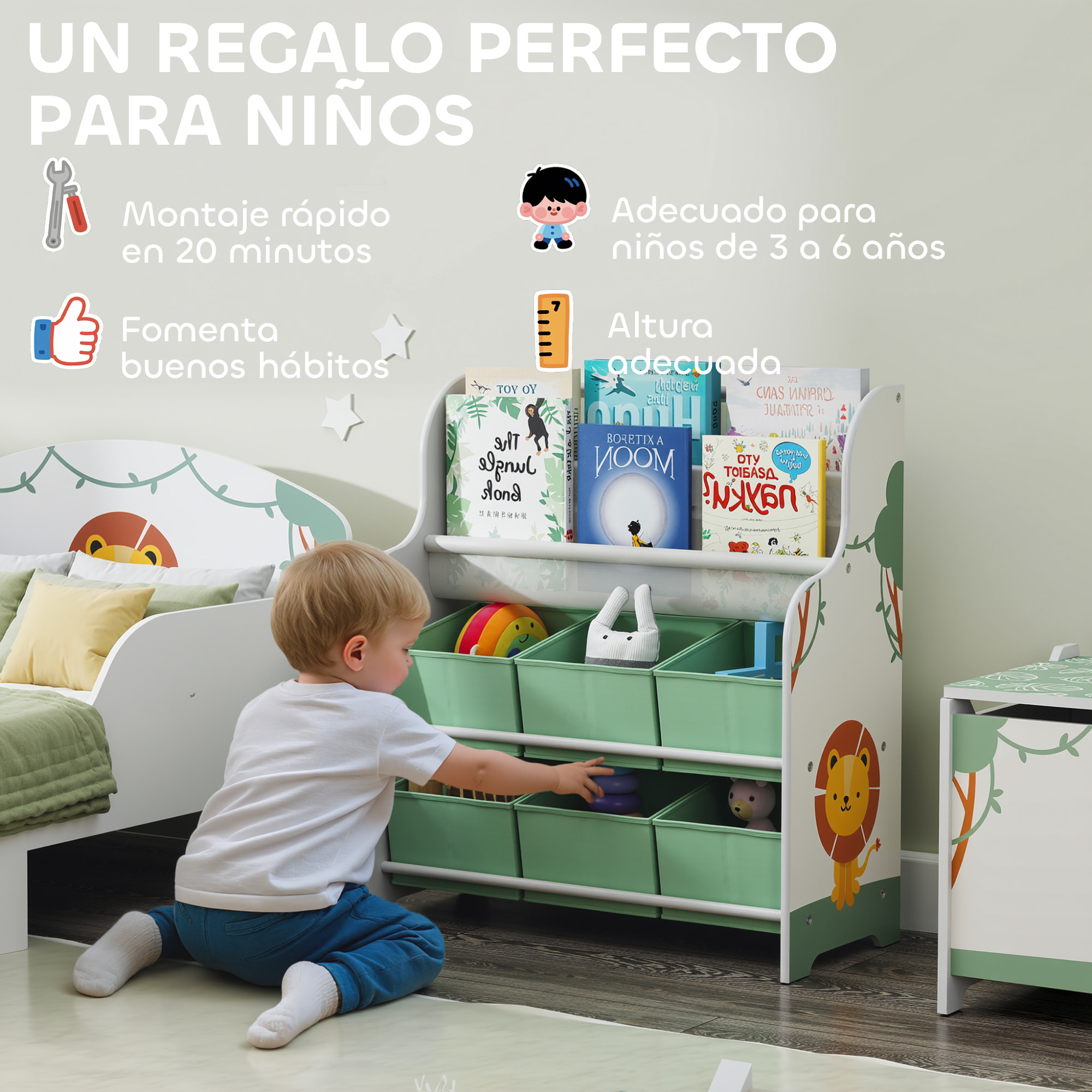 Estantería Infantil para Juguetes, con 6 Cajas Extraíbles de Tela no Tejida, Organizador de Juguetes con 2 Estantes, para Habitación Infantil, Sala de Juegos, Guardería, 63x30x71 cm, Verde