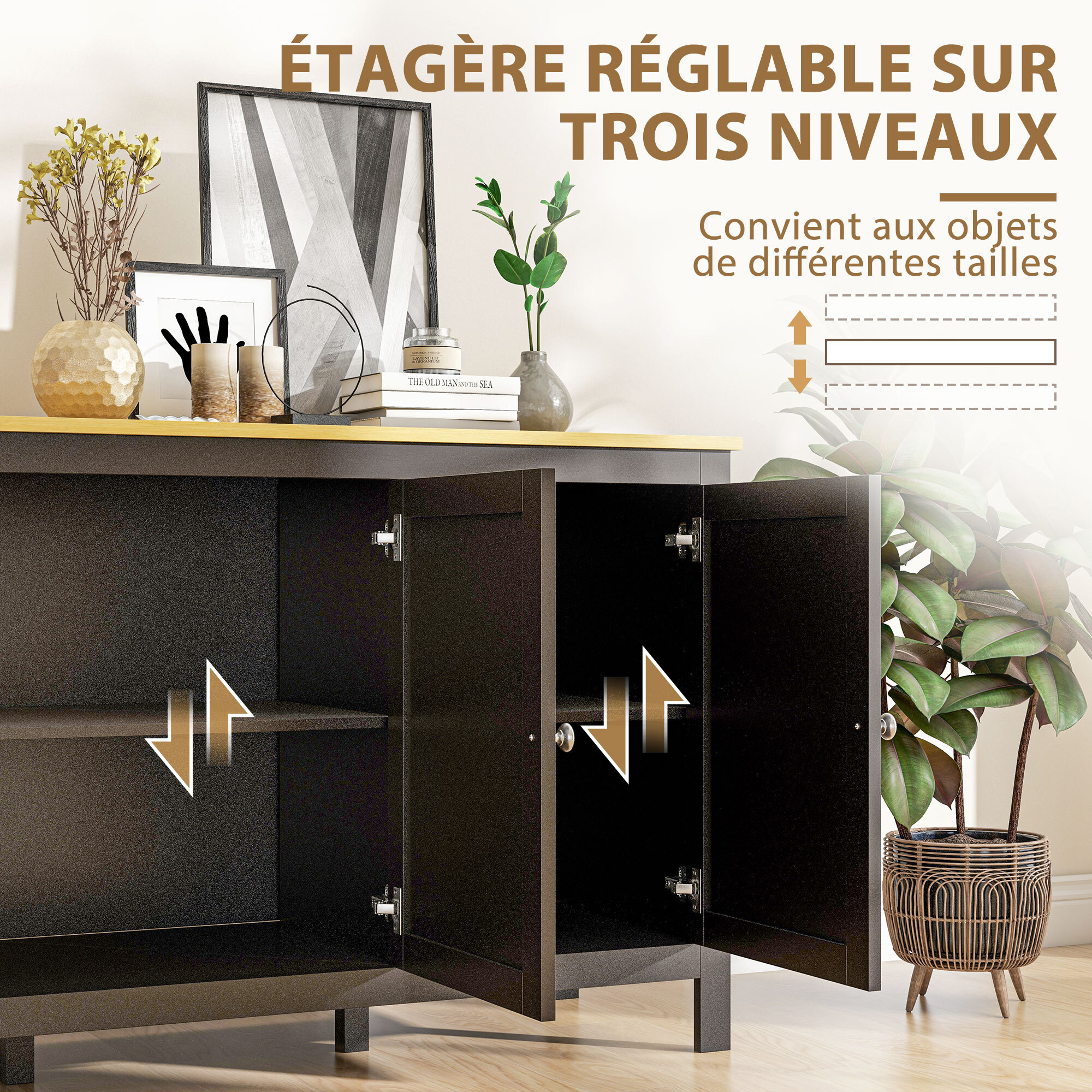 Buffet bas style classique chic - 3 portes, 2 étagères réglables - MDF panneaux noir aspect bois clair
