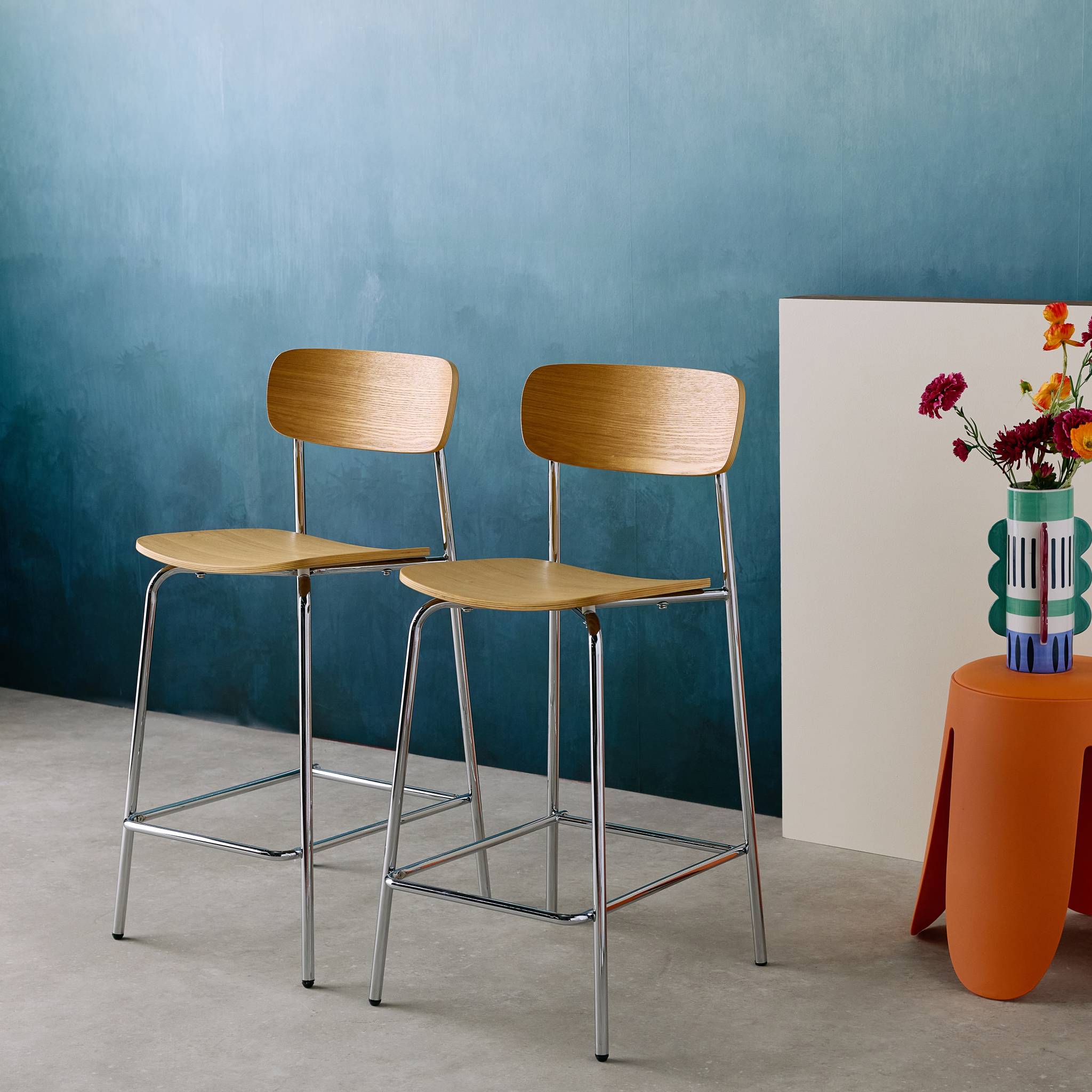 Tabouret de bar vintage métal et contreplaqué 66cm (lot de 2) TOBY