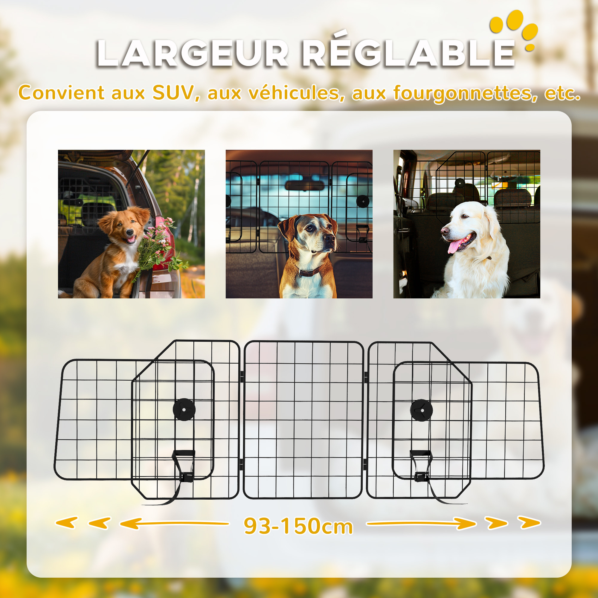 Grille de séparation voiture pour chien pliable réglable 93-150L cm universelle pour appui-tête noir