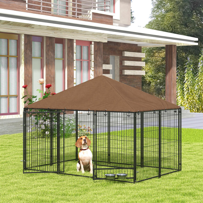 Perrera con Toldo Parque para Perros Metálica de Exterior con Soporte Giratorio para Comida 2 Cuencos para Patio Jardín Terraza 211x141x151 cm Negro