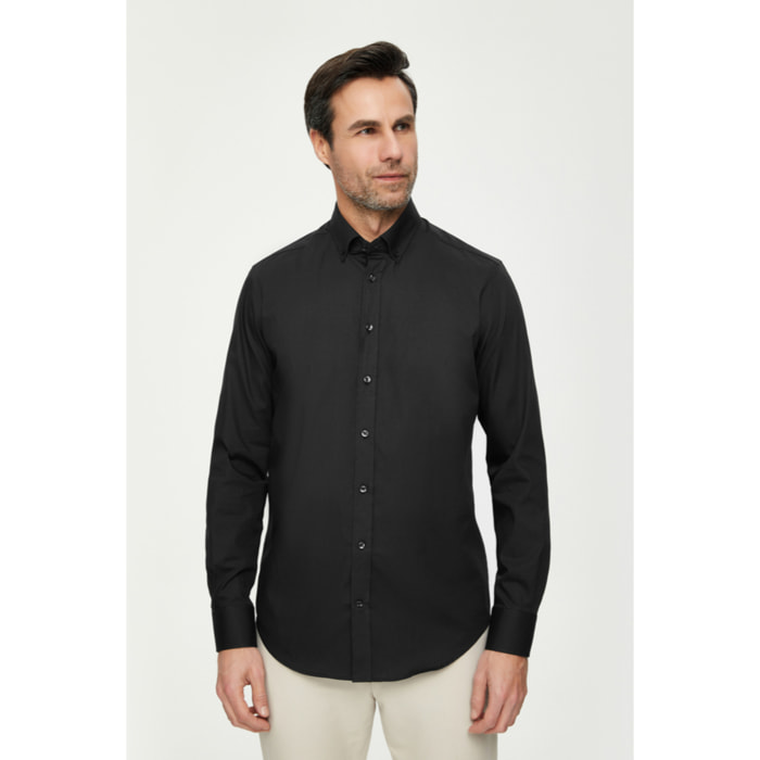 Camicia Uomo 1 Bottone Button Down Slim Cotone Unito Nero
