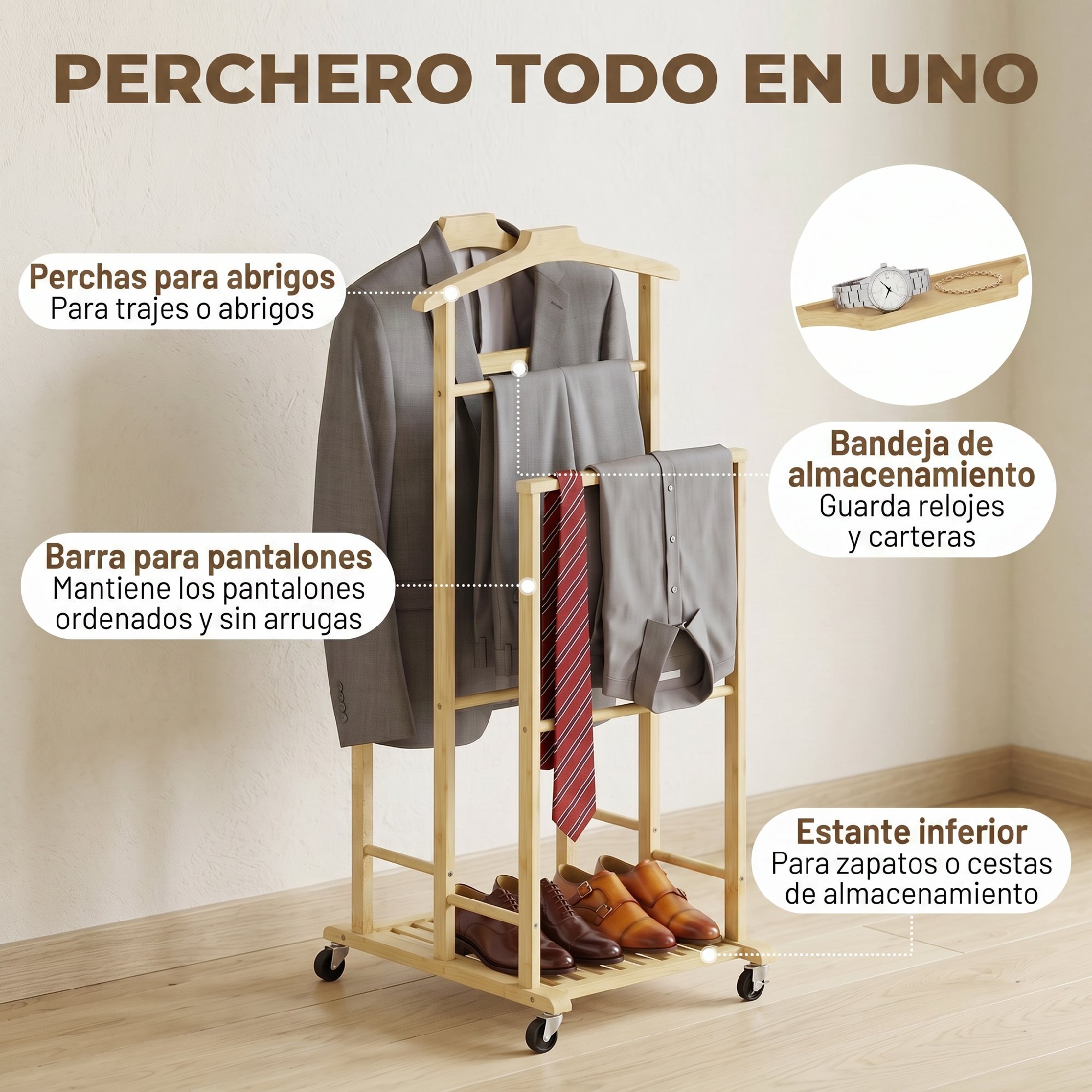 Galán de Noche de Bambú, Perchero Burro con Ruedas, Barras para Ropa, Soporte para Pantalones, Bandeja y Estante Inferior, Perchero para Dormitorio, 41x50x105 cm, Natural