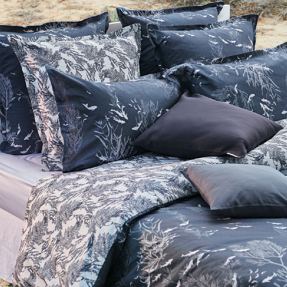 Housse de couette percale de coton imprimé bleu Ocean indien encre