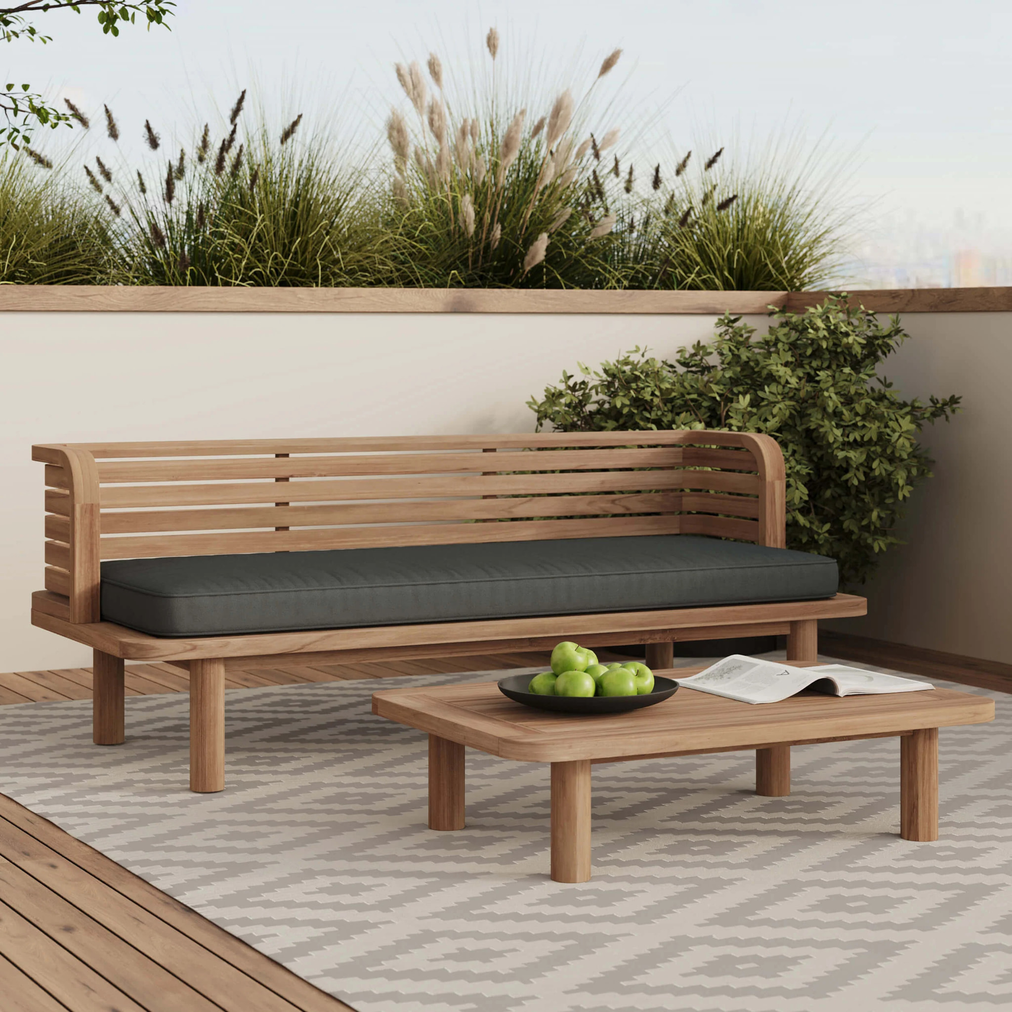 Salon de jardin 2 places en teck et tissu gris, canapé - Kilda