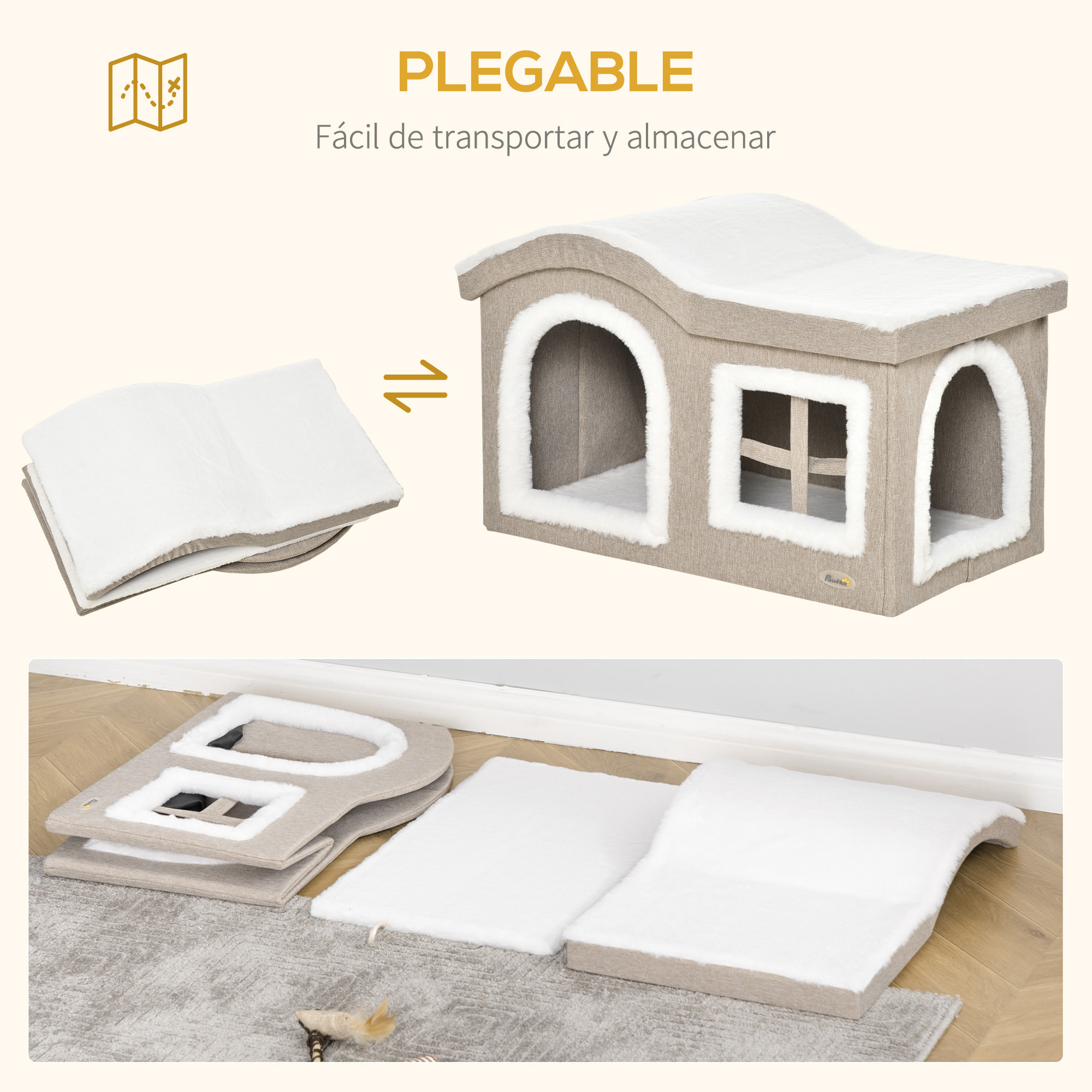 Casa Plegable para Gatos Interior Cueva para Gatos Grande con Tapa Extraíble Cojines 2 Entradas y Ventana Taburete para Gatos 63,5x37x40 cm Beige