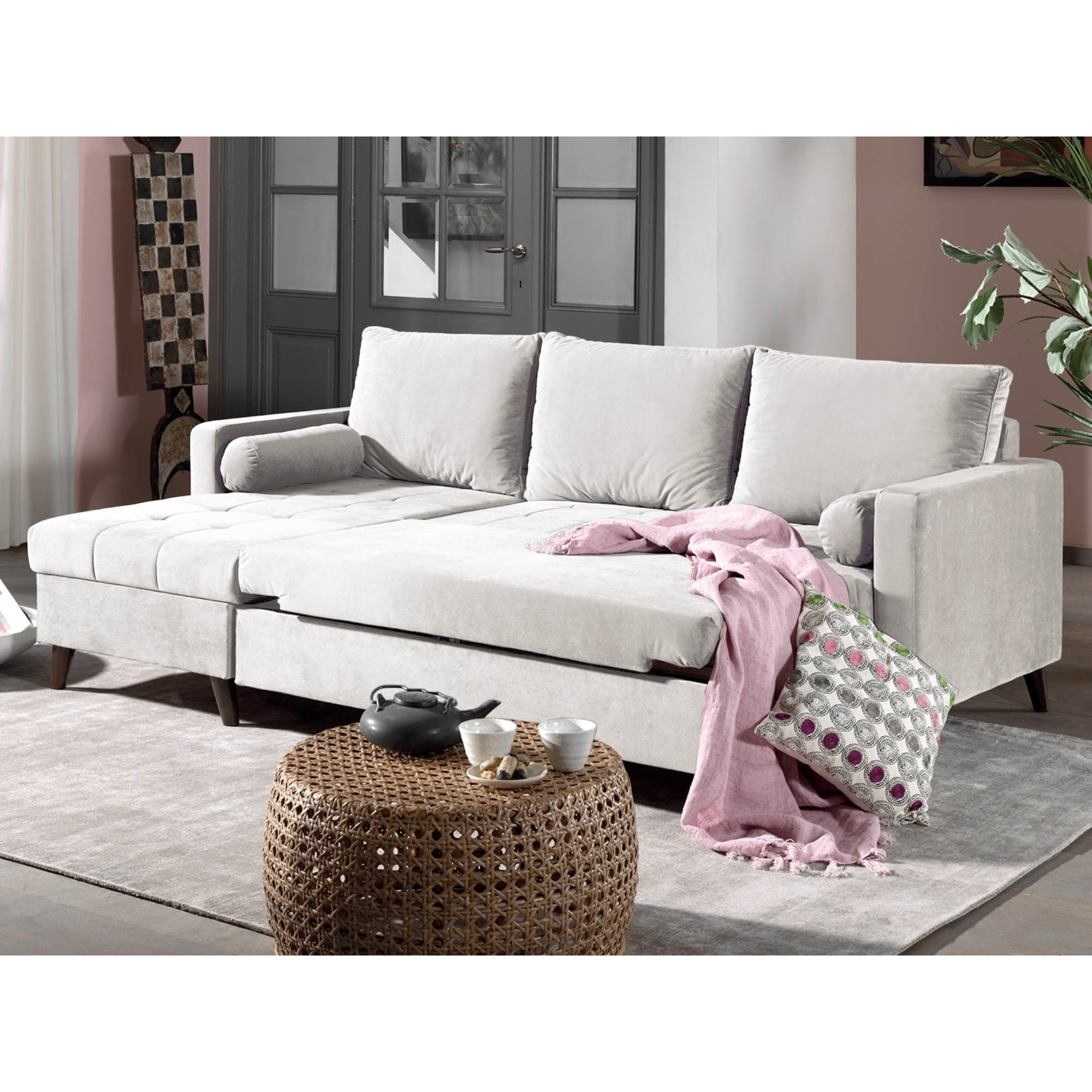 POLAR - Canapé d'angle réversible convertible - en velours au design scandinave - 4 places - Beige