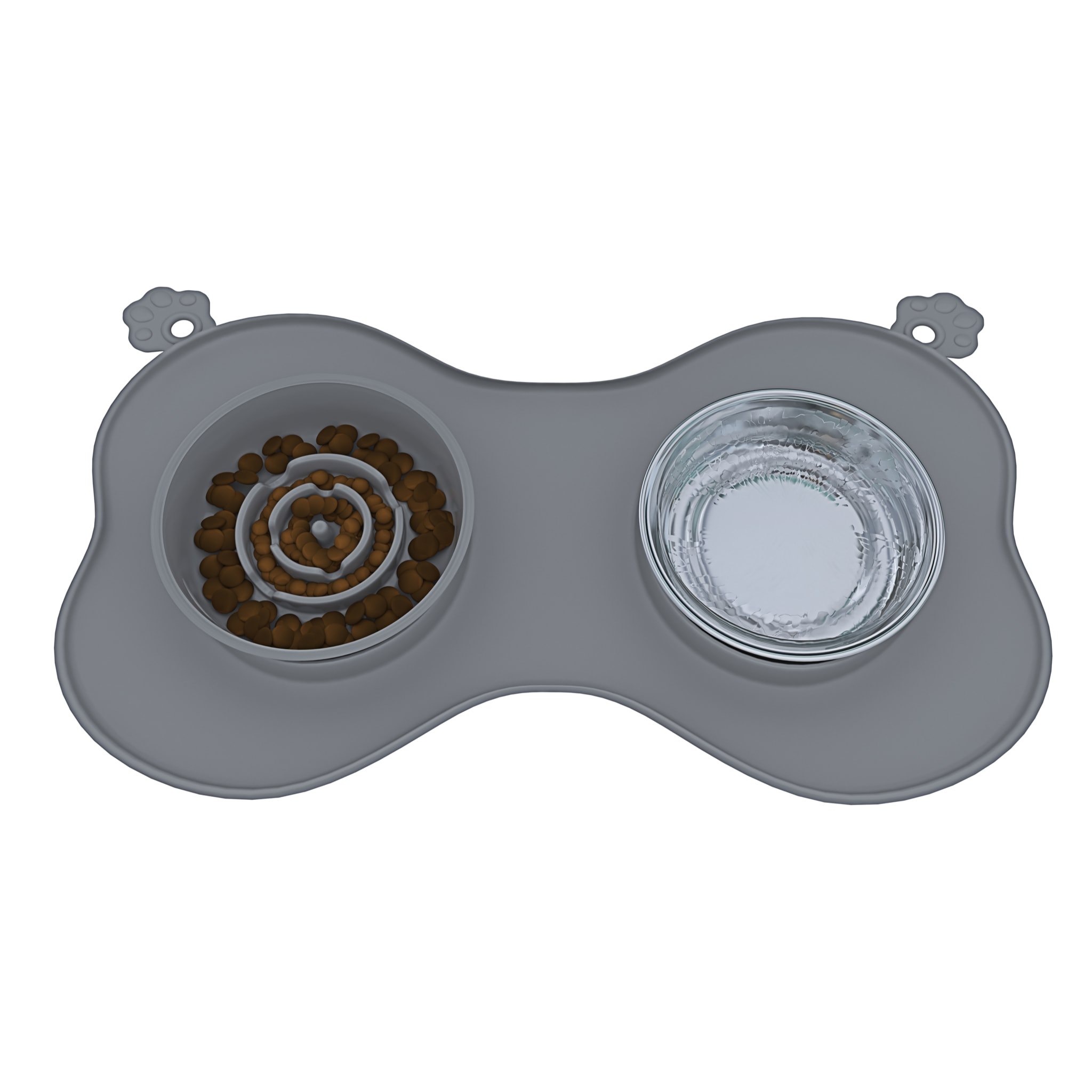 Ciotola Per Cani Gatti 3 In 1 Alimentazione Lenta Acciaio Inox Croccantini Acqua Tappetino in Silicone Antiribaltamento con Ventose 52 x 35 Cm Grigio