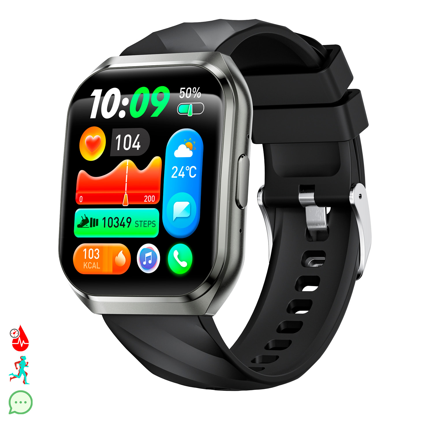 Smartwatch QS66. Schermo da 1,83" con batteria a lunga durata. Chiamate Bluetooth, assistente vocale, monitoraggio della salute e molteplici modalità sportive.