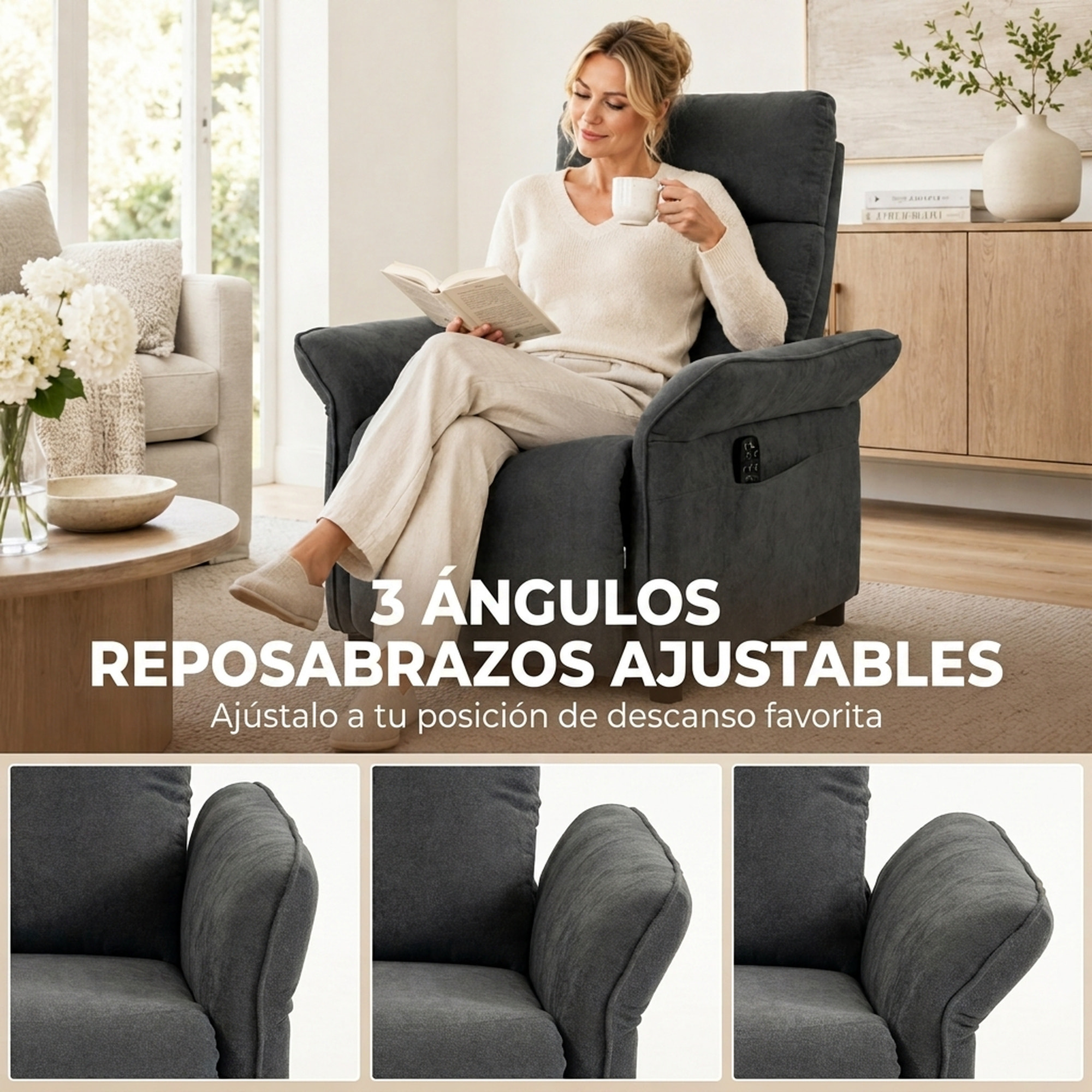 HOMCOM Sillón de Masaje, Sillón Relax Reclinable 135° Manual, Calor Lumbar, Mando a Distancia, Reposapiés, 8 Zonas de Masaje, Reposabrazos Ajustables, Asiento Muelles, Bolsillos, Tapizado Rizo, Gris