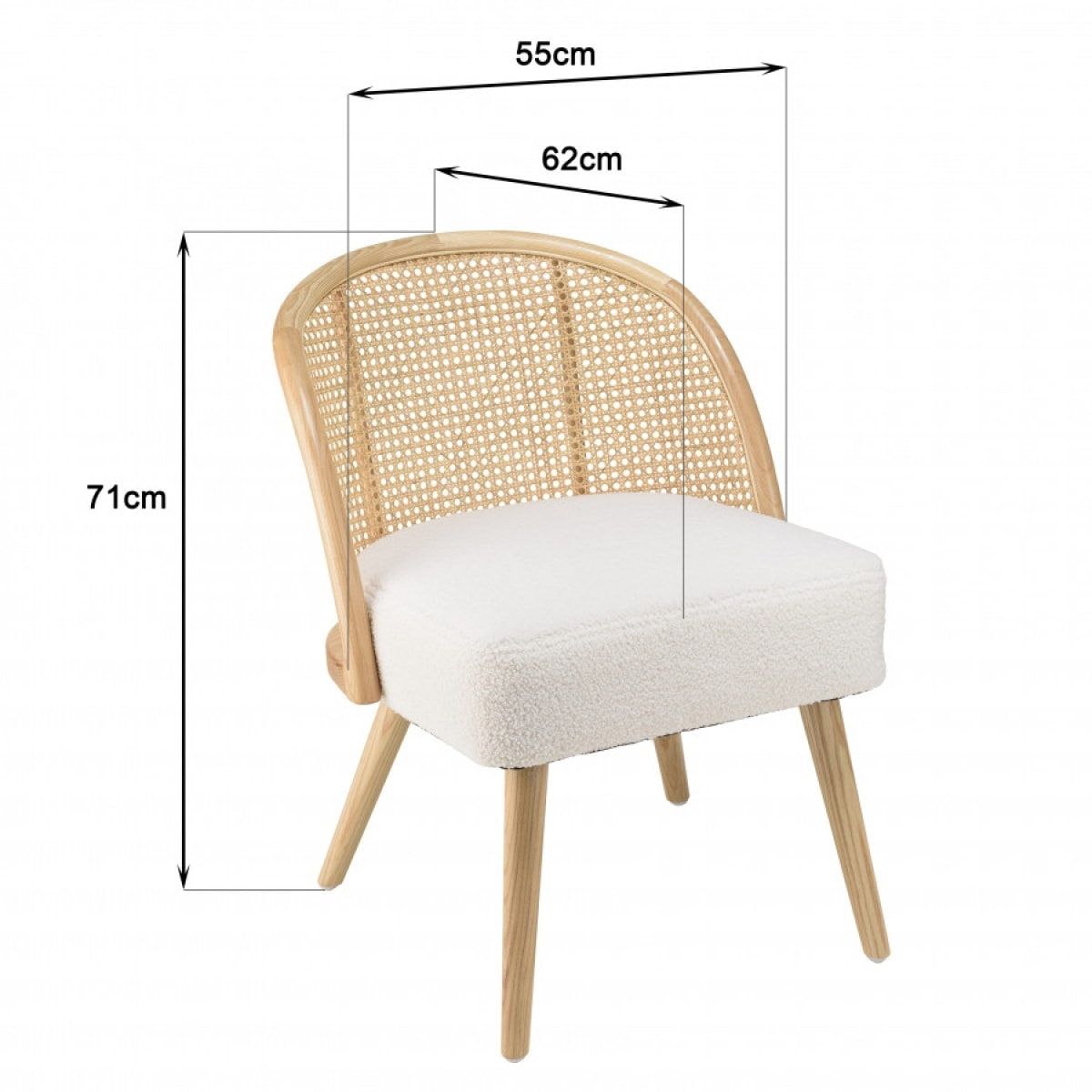 ALBANE- Chaise basse Hévéa assise tissu bouclette blanc dossier rotin