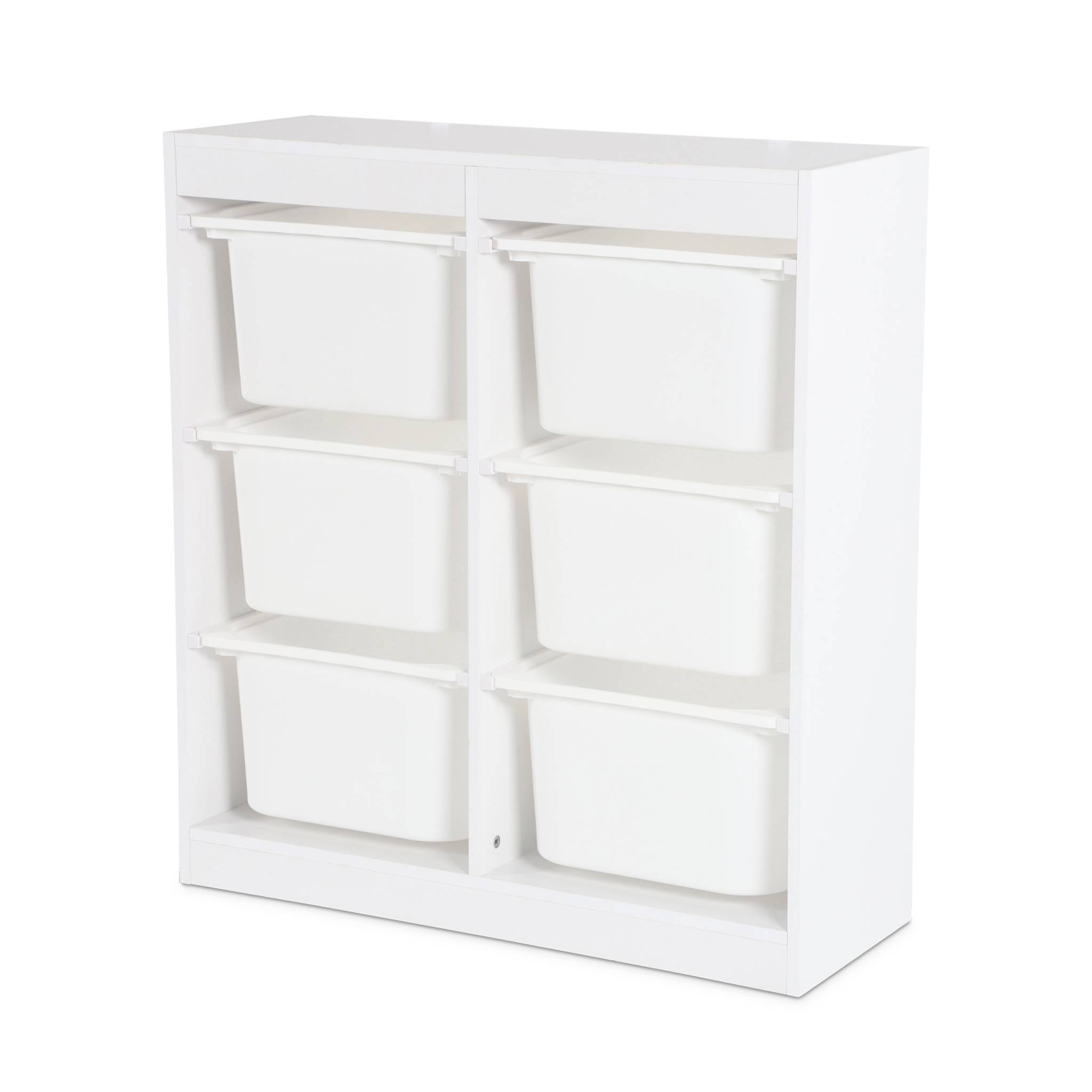Meuble de rangement enfant. blanc. 6 bacs de rangement en plastique