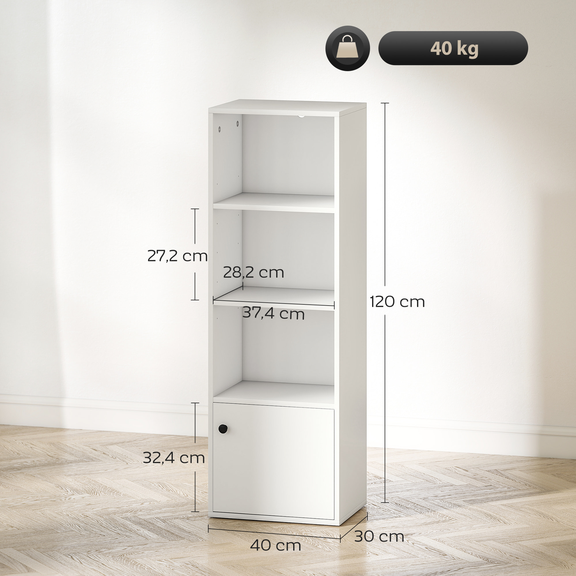 Librería de 4 Niveles, Estantería para Libros con Estantes Ajustables y Puerta, Estantería Moderna, 40x30x120 cm, para Salón, Dormitorio, Estudio, Oficina, Blanco