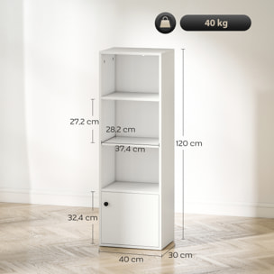 Librería de 4 Niveles, Estantería para Libros con Estantes Ajustables y Puerta, Estantería Moderna, 40x30x120 cm, para Salón, Dormitorio, Estudio, Oficina, Blanco