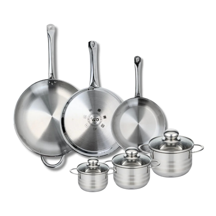 Ensemble de 3 Poêles de cuisson 24, 28 et 32 cm et 3 faitouts 12, 14 et 16 cm Elo Profi Brillant