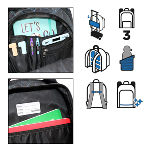 Zaino scolastico con tre zip, pannello imbottito, dettagli riflettenti e compatibile con trolley. 28x12x37 cm.