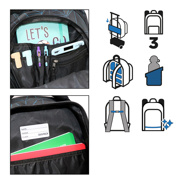 Zaino scolastico con tre zip, pannello imbottito, dettagli riflettenti e compatibile con trolley. 28x12x37 cm.