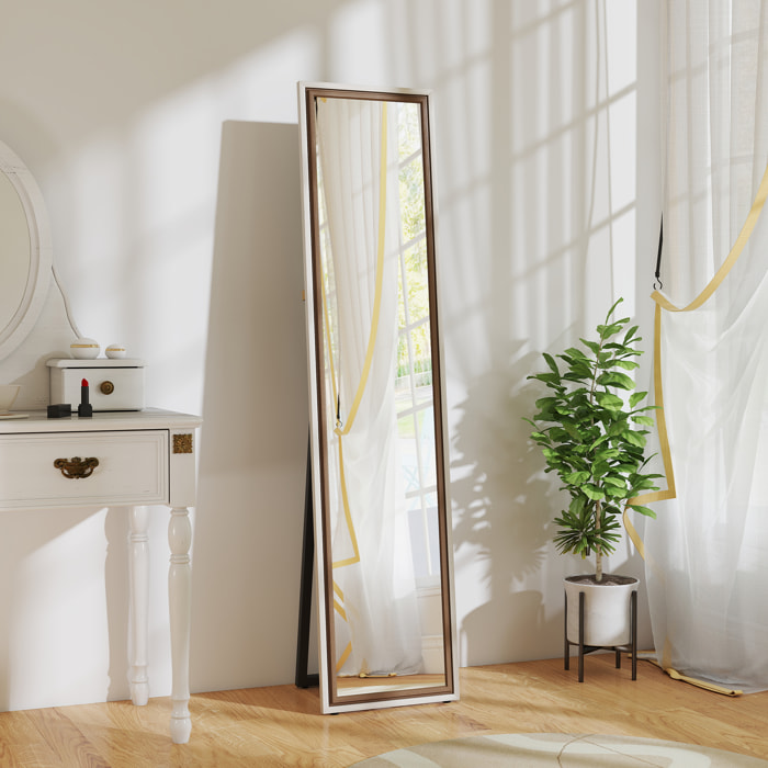 Espejo de Pie Cuerpo Entero 157x37 cm, Espejo Grande de Pared con Marco Bicolor, de Pie, Inclinado o Colgante, para Salón, Dormitorio, Pasillo, Entrada, Blanco y Marrón
