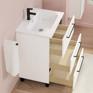 Ensemble De Salle De Bain Haru | Meuble De Salle De Bain Avec Pieds | 60 Cm Blanc| 3 Tiroirs | Vasque Ceramique | N'Inclut Pas Miroir | Alday