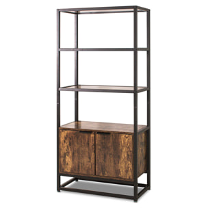 Edo - Libreria scaffale in stile industriale con 3 ripiani a vista e 2 ante, 76x33xH163 cm