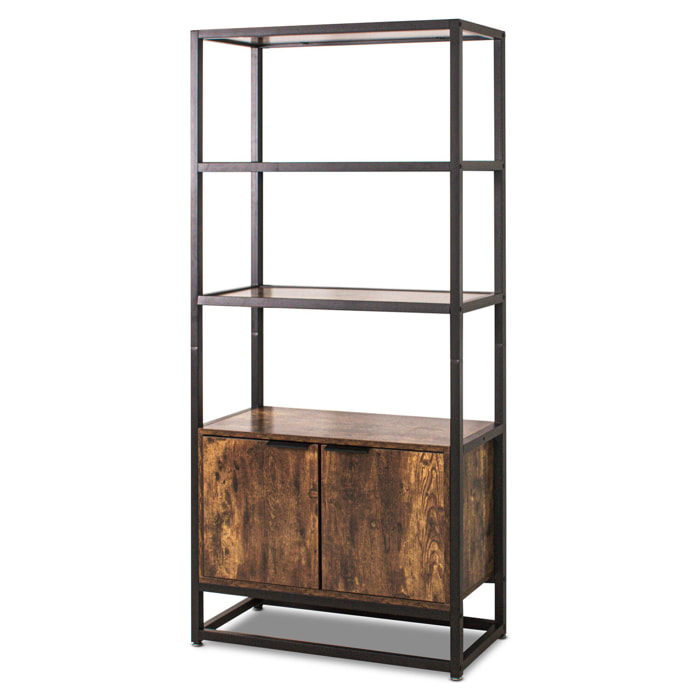 Edo - Scaffale Libreria a Muro 76x162,5x33,5 cm 3 Ripiani con Mobiletto 2 Ante in Legno Industriale Struttura in Metallo Nero