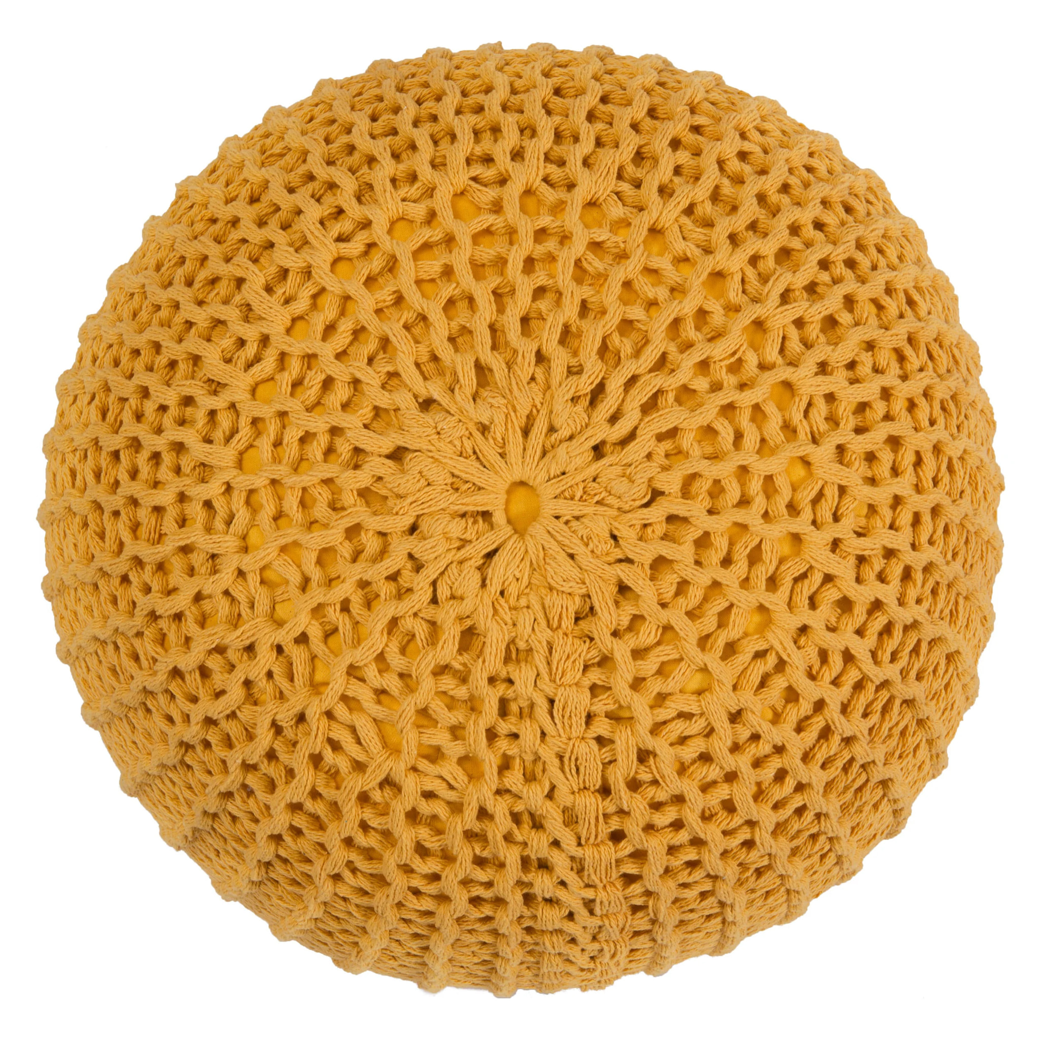 Pouf tricot rond en coton jaune moutarde D40 cm - Elisa