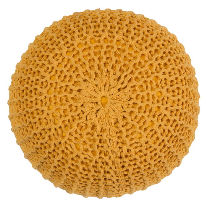 Pouf tricot rond en coton jaune moutarde D40 cm - Elisa
