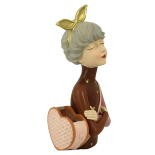 Donna in resina con borsa portafiori marrone cm17x13h35