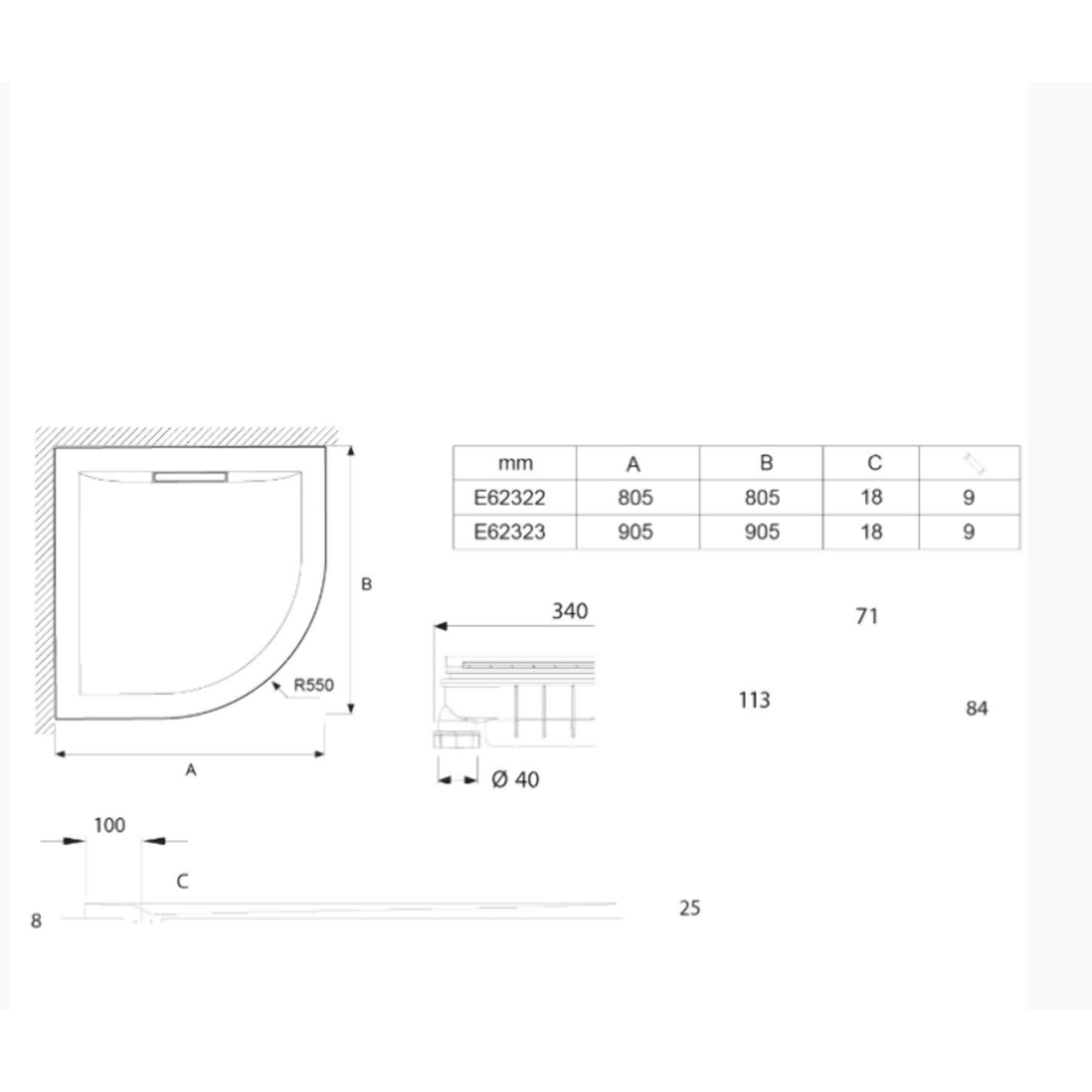 Pack receveur de douche antidérapant 90 x 90 Flight Pure quart de rond blanc + Kit d'étanchéité WEDI + Pieds